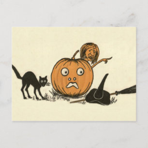 Carte Postale Chat noir sorcier Jack-o'-lantern