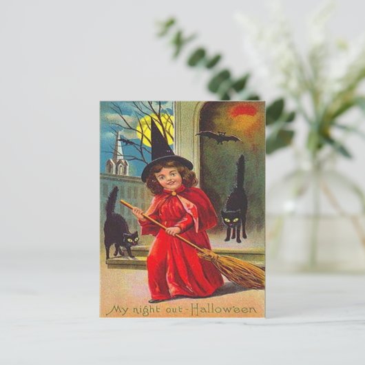 Carte Postale Chat noir sorcière chauve-souris pleine lune (Debout devant)