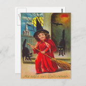 Carte Postale Chat noir sorcière chauve-souris pleine lune (Devant / Derrière)