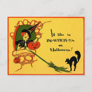 Carte Postale Chat noir sorcière citrouille vintage Halloween