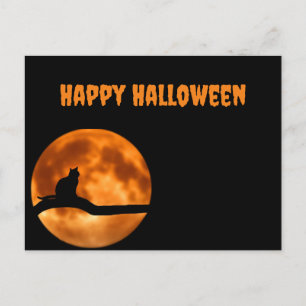 Carte Postale Chat noir sous la lune orange