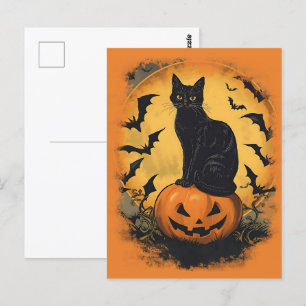 Carte Postale Chat noir sur citrouille d'Halloween