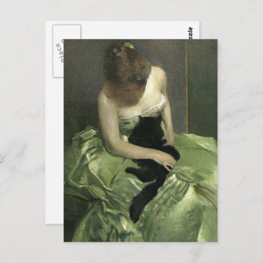 Carte Postale Chat noir sur Gown vert (Devant / Derrière)