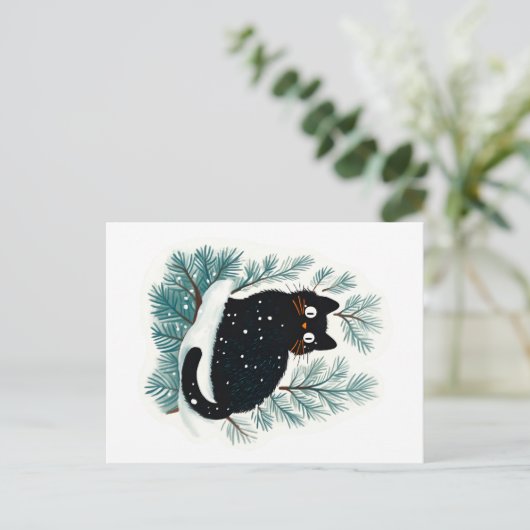 Carte Postale Chat noir sur le sapin de Noël mignon (Debout devant)