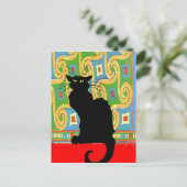 Carte Postale Chat noir sur papier peint Abstrait (Debout devant)