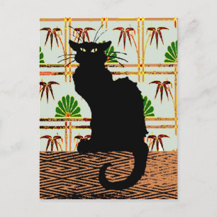Carte Postale Chat noir sur papier peint japonais