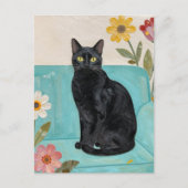 Carte Postale Chat noir sur un canapé bleu (Devant)