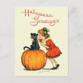 Carte Postale Chat noir sur un Citrouille (Devant)