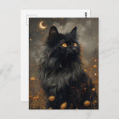Carte Postale Chat noir Whimsical & Dandelions Enchantés (Devant / Derrière)