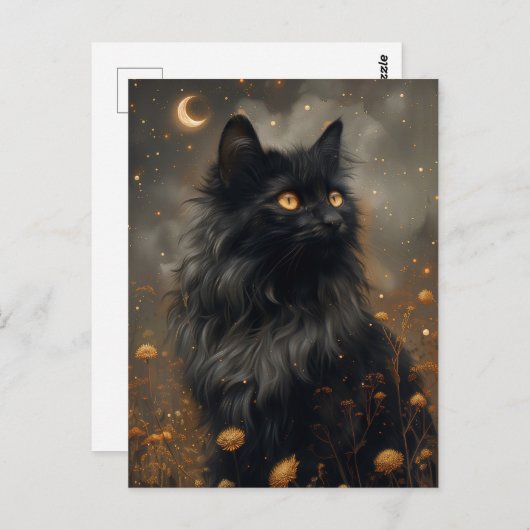 Carte Postale Chat noir Whimsical & Dandelions Enchantés (Devant / Derrière)