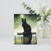 Carte Postale Chat noir, yeux verts et lune brillante (Debout devant)