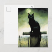 Carte Postale Chat noir, yeux verts et lune brillante (Devant / Derrière)