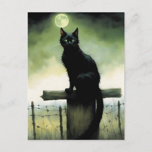 Carte Postale Chat noir, yeux verts et lune brillante (Devant)