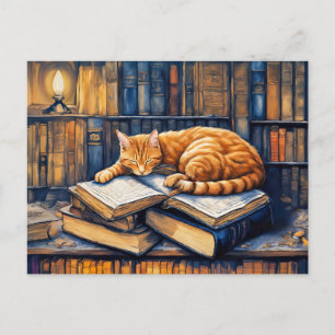 Carte Postale Chat orange aquarelle dormant sur des livres
