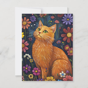 Carte Postale Chat Orange Au Milieu De Fleurs Colorées