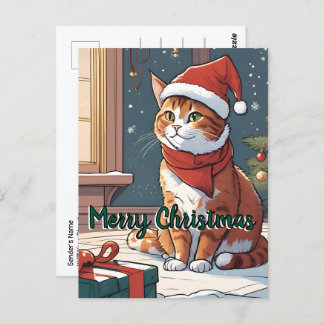 Carte Postale Chat orange avec animal mignon casquette de Noël