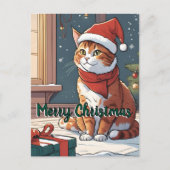 Carte Postale Chat orange avec animal mignon casquette de Noël (Devant)