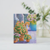 Carte Postale Chat orange avec des pots de fleur (Debout devant)