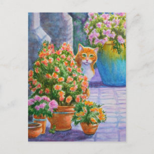 Carte Postale Chat orange avec des pots de fleur