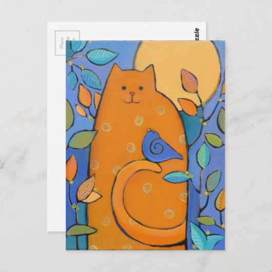 Carte Postale Chat orange avec oiseau par Sue Davis (Devant / Derrière)
