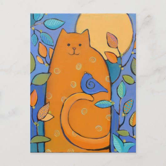 Carte Postale Chat orange avec oiseau par Sue Davis (Devant)