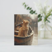 Carte Postale Chat orange sur un bateau en bois (Debout devant)