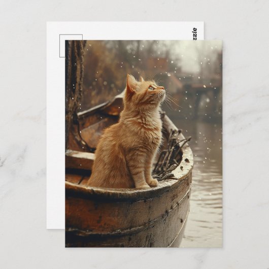 Carte Postale Chat orange sur un bateau en bois (Devant / Derrière)