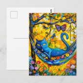 Carte Postale Chat peint dans Hammock Under Tree avec papillon (Devant / Derrière)