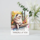 Carte Postale Chat perse beige dans la fenêtre avec fleurs d'été (Debout devant)