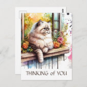 Carte Postale Chat perse beige dans la fenêtre avec fleurs d'été (Devant / Derrière)