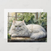 Carte Postale Chat perse blanc bouffant dans un jardin (Devant / Derrière)