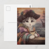 Carte Postale Chat Pirate Avec un Café (Devant / Derrière)