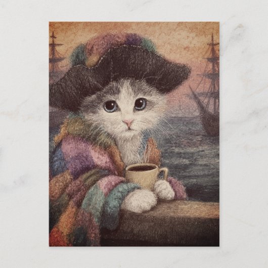 Carte Postale Chat Pirate Avec un Café (Devant)