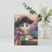 Carte Postale Chat Pirate Avec un Café (Debout devant)