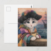 Carte Postale Chat Pirate Avec un Café (Devant / Derrière)