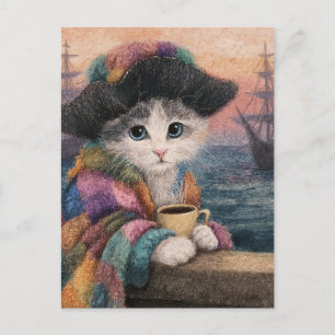 Carte Postale Chat Pirate Avec un Café