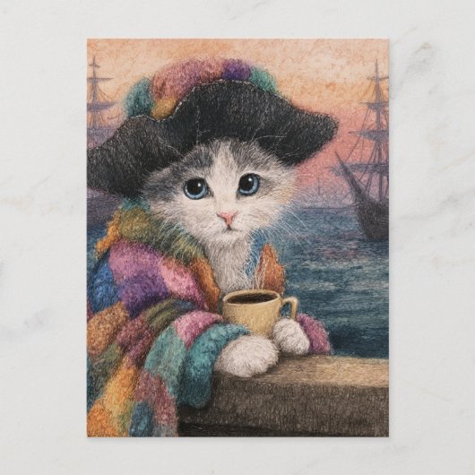 Carte Postale Chat Pirate Avec un Café (Devant)