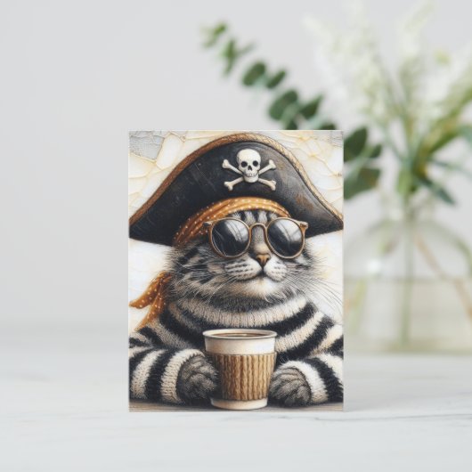 Carte Postale Chat pirate en pull fuzzé avec un café (Debout devant)