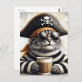 Carte Postale Chat pirate en pull fuzzé avec un café (Devant / Derrière)