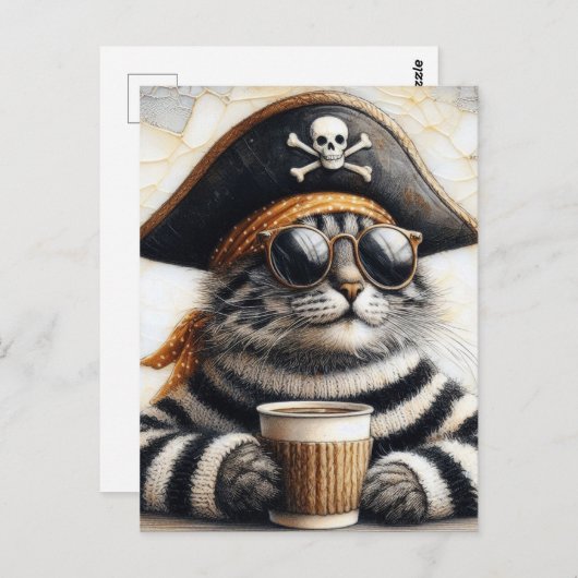 Carte Postale Chat pirate en pull fuzzé avec un café (Devant / Derrière)
