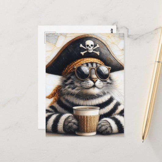 Carte Postale Chat pirate en pull fuzzé avec un café (Devant/Arrière en situation)
