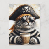 Carte Postale Chat pirate en pull fuzzé avec un café (Devant)