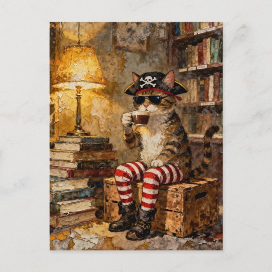Carte Postale Chat Pirate Jouit de Quelques Café (Devant)