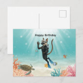 Carte Postale Chat Plongeur Joyeux Anniversaire sous la mer (Devant / Derrière)