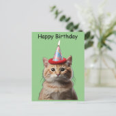 Carte Postale Chat portant une flamme sur un chapeau d'anniversa (Debout devant)