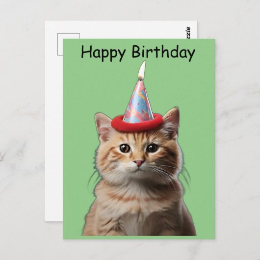 Carte Postale Chat portant une flamme sur un chapeau d'anniversa (Devant / Derrière)