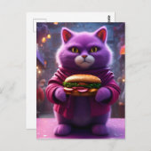 Carte Postale Chat pourpre drôle avec un cheeseburger (Devant / Derrière)