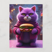 Carte Postale Chat pourpre drôle avec un cheeseburger (Devant)