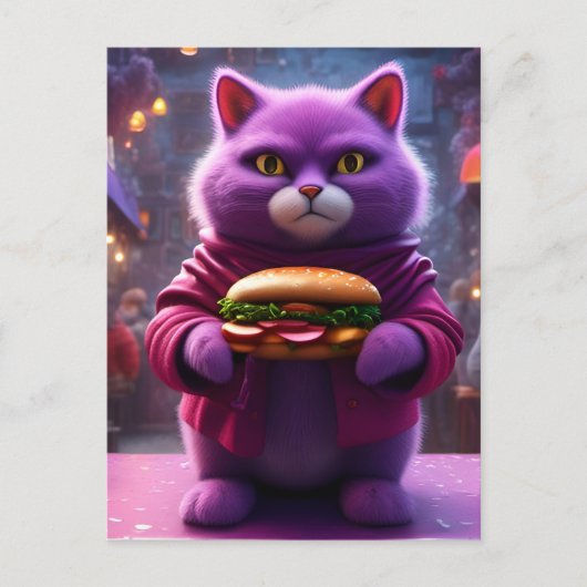 Carte Postale Chat pourpre drôle avec un cheeseburger (Devant)