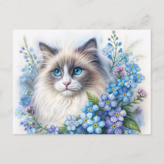 Carte Postale Chat Ragdoll avec myosotis (Devant)
